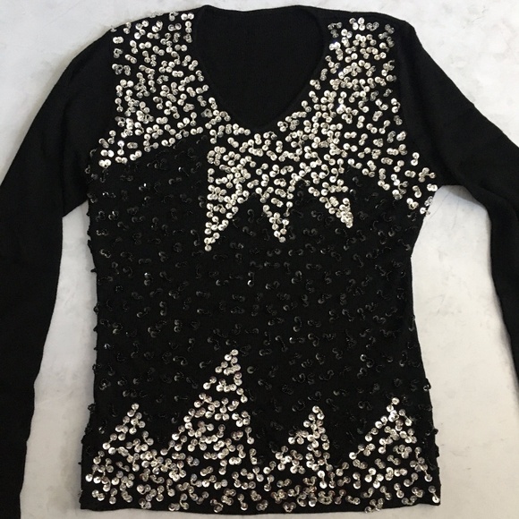 Hand Sewn Black Sparkly Sequin Pullover Sweater - Picture 3 of 10